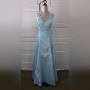 Light Blue A-line Satin Halter Prom Dress with A Train